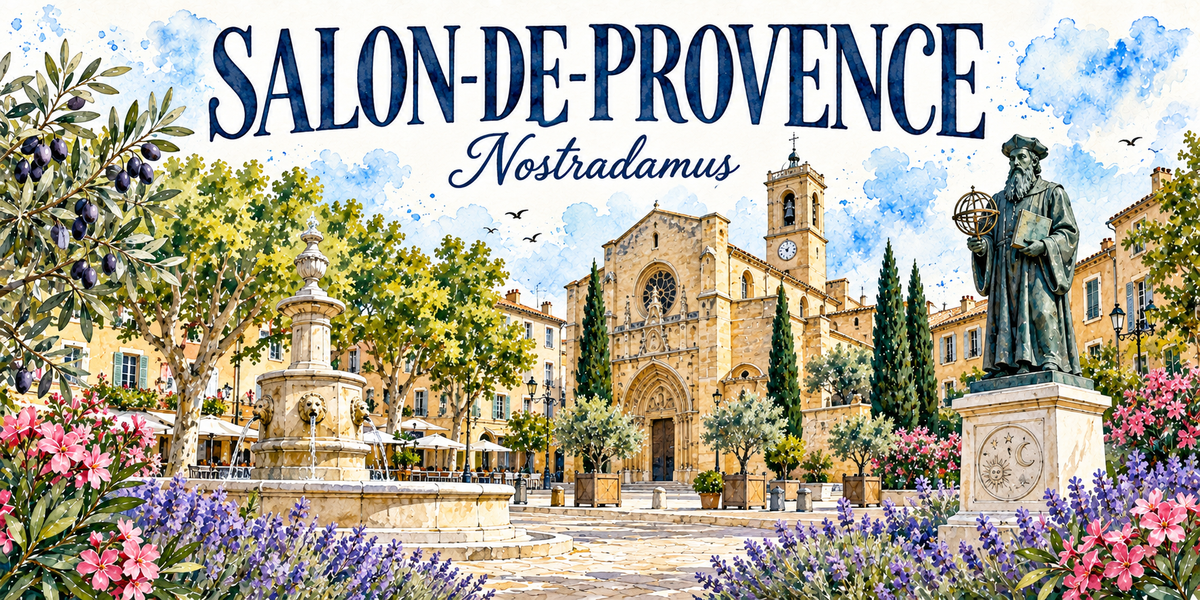 Aquarelle de Salon-de-Provence : fontaine moussue, collégiale, tour de l'horloge, statue de Nostradamus et oliviers