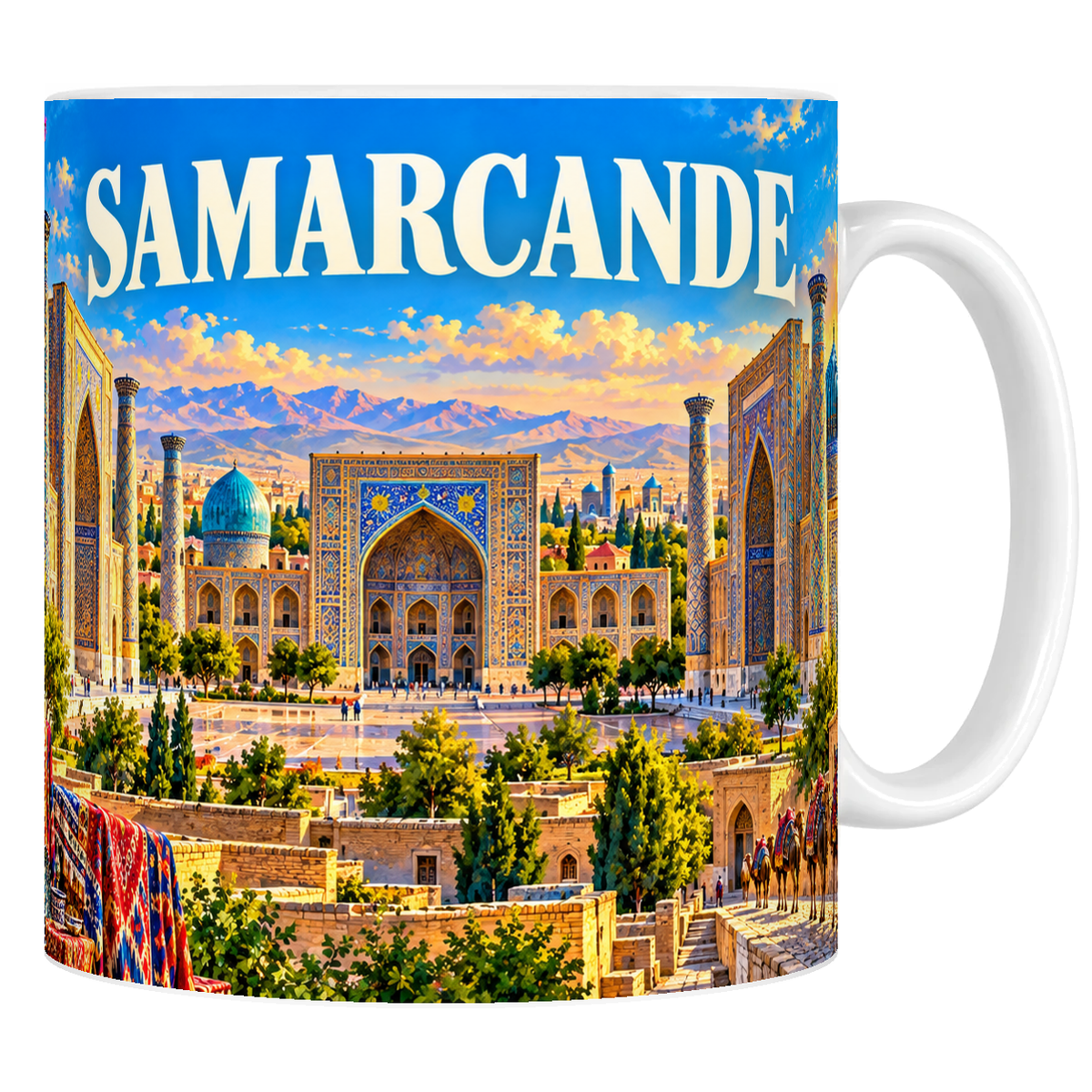 Mug en céramique blanche 330 ml illustré du Registan de Samarcande et de ses coupoles turquoise, style affiche vintage