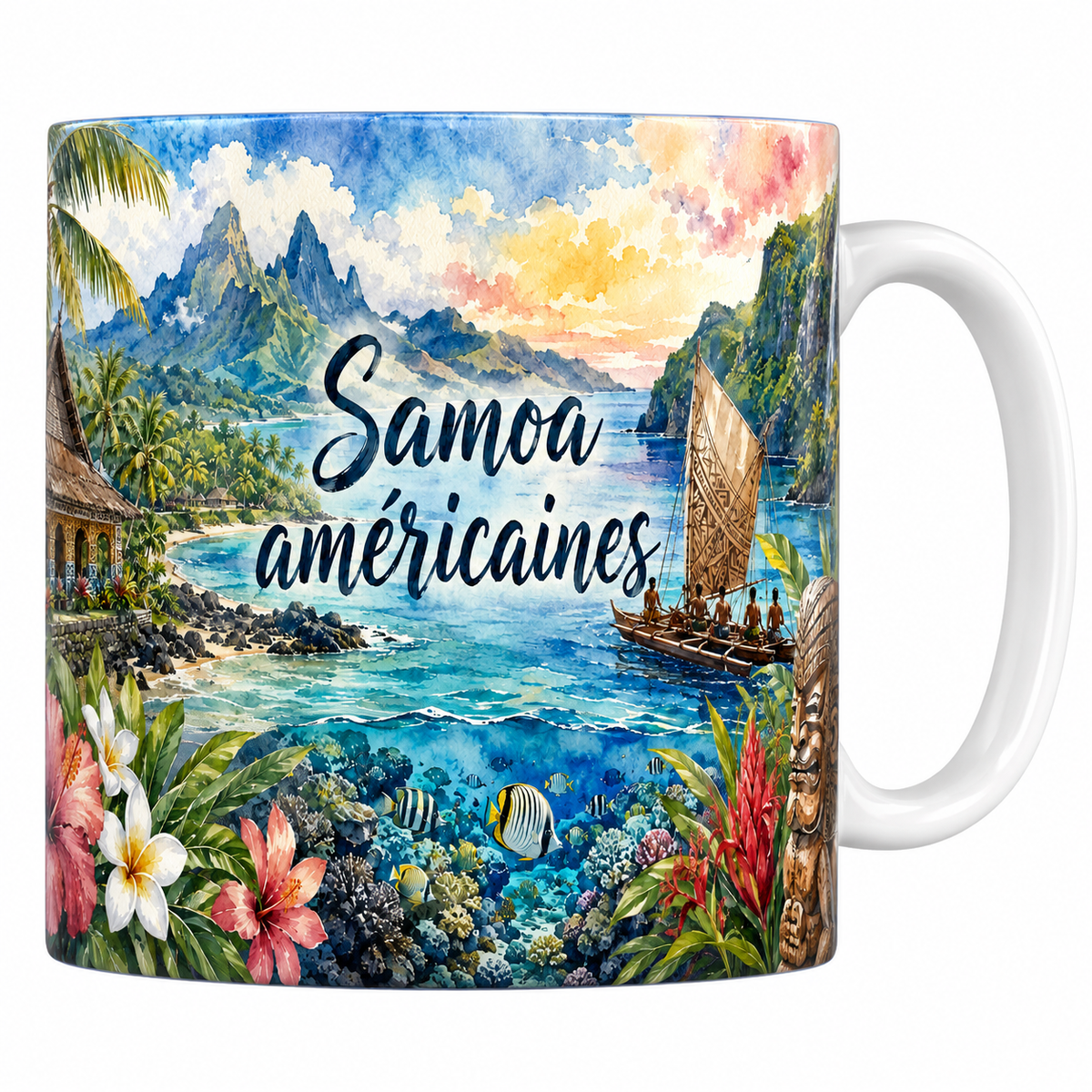 Mug céramique 330 ml Samoa américaines aquarelle : baie de Pago Pago, pics de jungle et pirogue