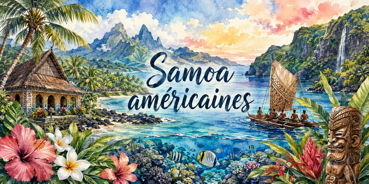 Visuel Samoa américaines aquarelle : baie de Pago Pago, cascade, pirogue à voile, fale et tiki