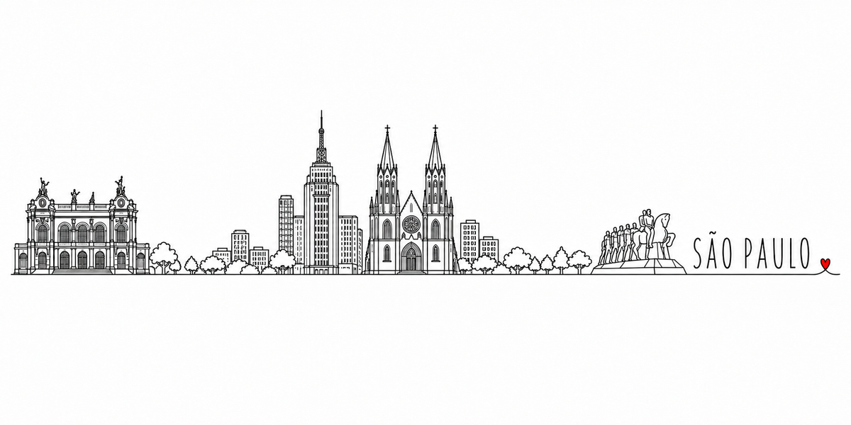 Skyline de São Paulo dessiné au trait noir continu, de gauche à droite : le théâtre municipal et ses groupes sculptés, les arbres et les immeubles, la tour à couronnement étagé et son antenne, la cathédrale et ses deux flèches encadrant la rosace, les arbres et le monument équestre sur son socle — avec le nom SÃO PAULO en capitales espacées et un petit cœur rouge
