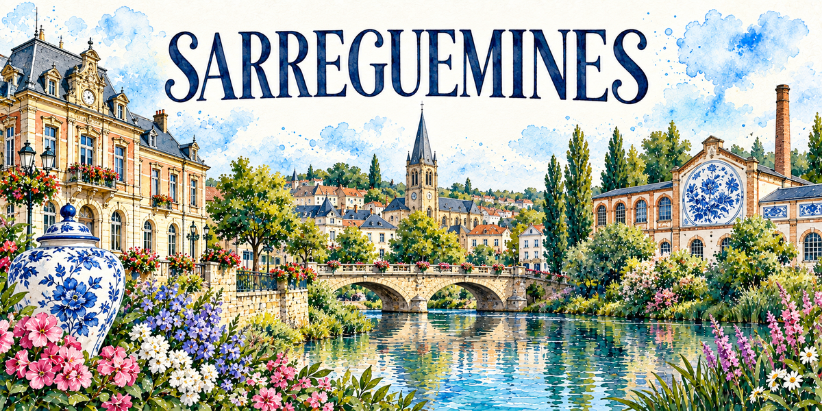 Aquarelle de Sarreguemines : vase de faïence bleu et blanc, hôtel de ville, pont sur la Sarre et ateliers de brique
