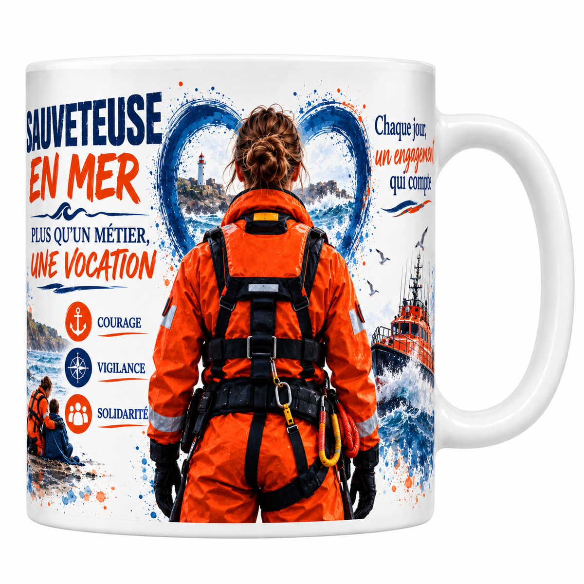 Mug céramique 330 ml « Sauveteuse en mer, plus qu'un métier une vocation » : illustration aquarelle d'une sauveteuse de dos en combinaison orange devant une vedette