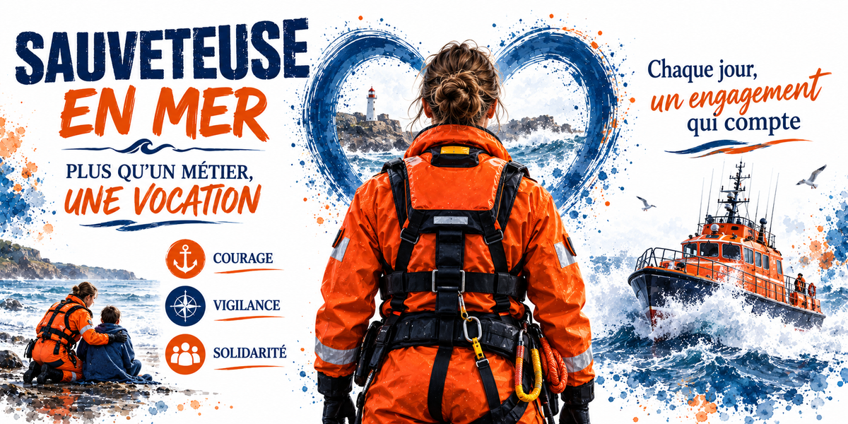 Visuel « Sauveteuse en mer, chaque jour un engagement qui compte » : sauveteuse de dos en combinaison orange et harnais, vedette de sauvetage, phare et mer formée
