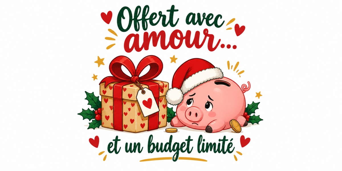 Visuel du mug Secret Santa « Offert avec amour… et un budget limité », illustration de Noël et lettrage rouge et vert