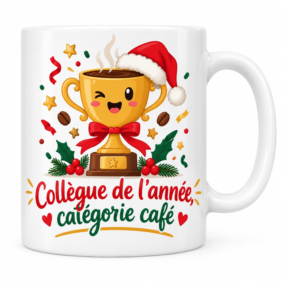 Mug blanc céramique Secret Santa « Collègue de l'année, catégorie café » : une coupe dorée en forme de tasse de café fumant, coiffée d'un bonnet de Père Noël, trône au milieu des confettis et des grains de café