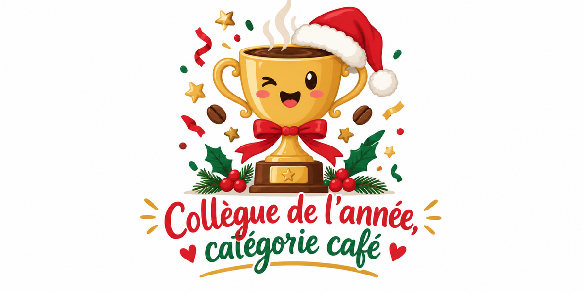 Visuel du mug Secret Santa « Collègue de l'année, catégorie café », illustration de Noël et lettrage rouge et vert