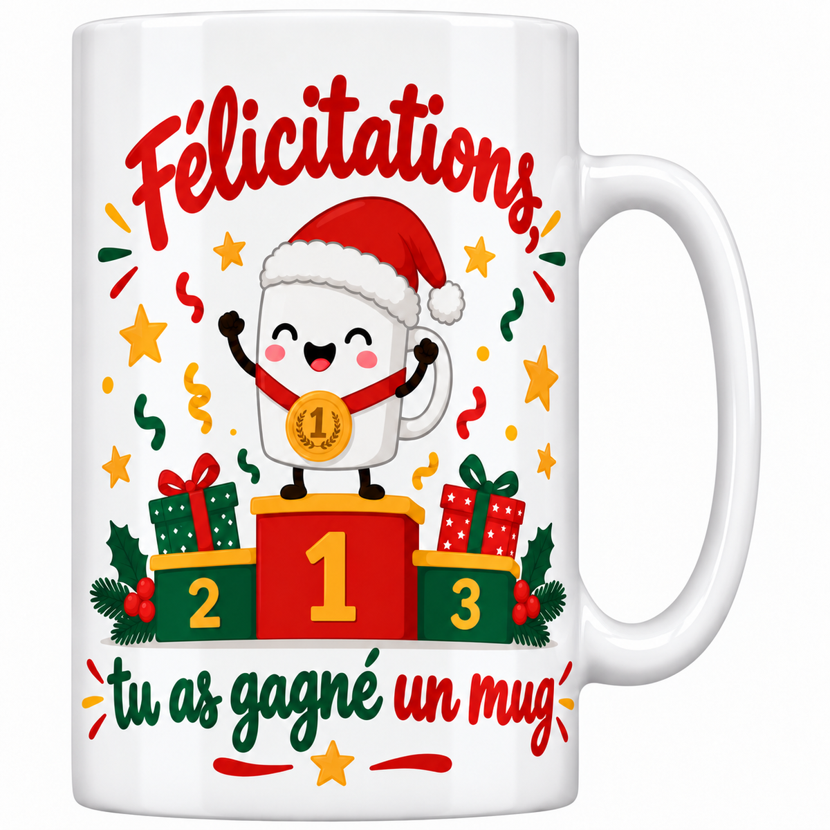 Mug blanc céramique Secret Santa « Félicitations, tu as gagné un mug » : un petit mug souriant en bonnet de Père Noël sur un podium de cadeaux