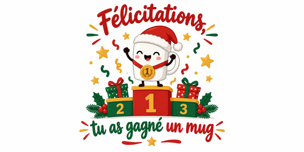 Visuel du mug Secret Santa « Félicitations, tu as gagné un mug », illustration de Noël et lettrage rouge et vert
