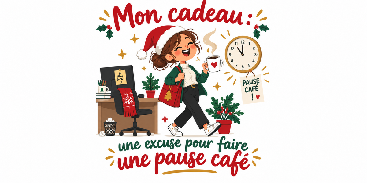 Visuel du mug Secret Santa « Mon cadeau : une excuse pour faire une pause café », illustration de Noël et lettrage rouge et vert