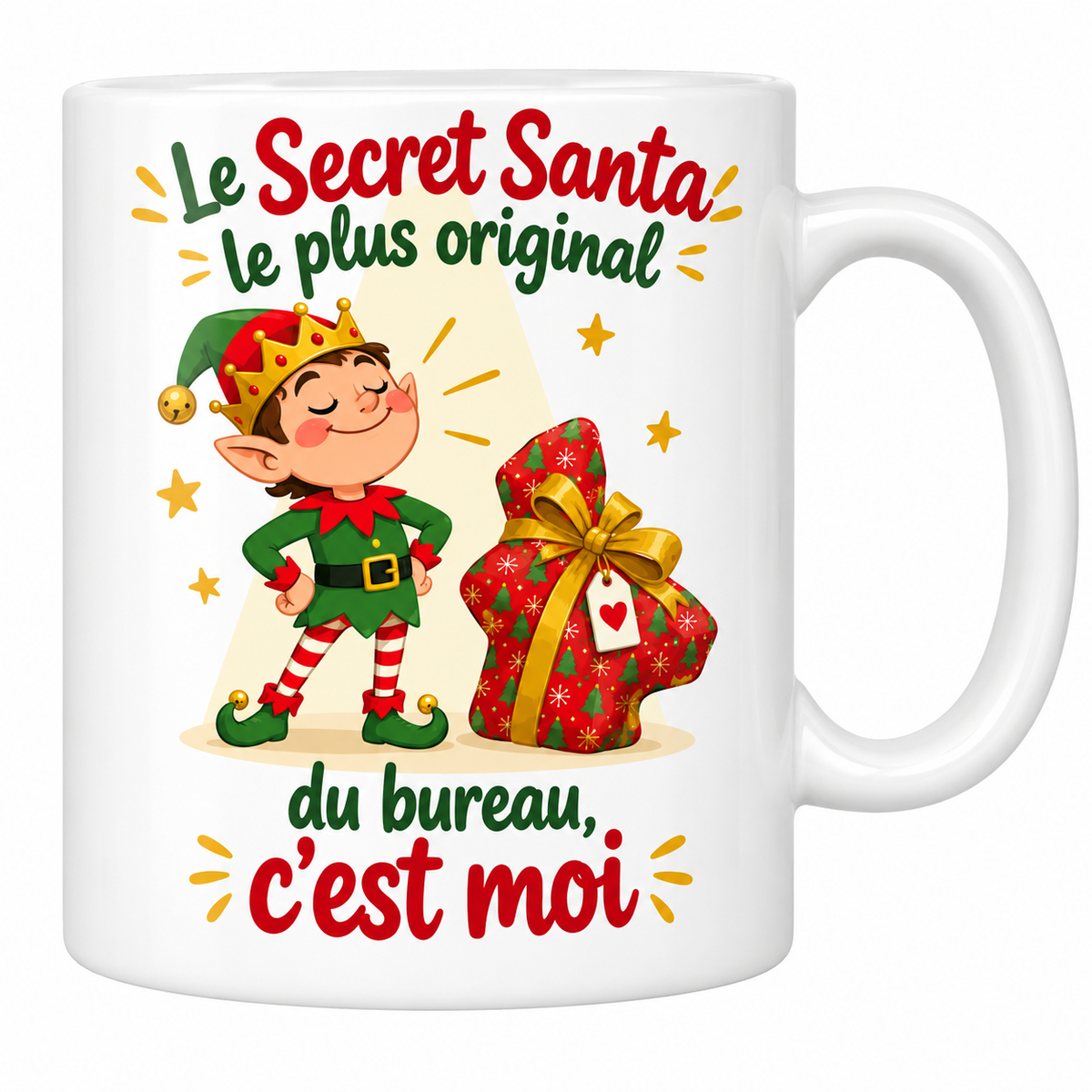 Mug blanc céramique Secret Santa « Le Secret Santa le plus original du bureau, c'est moi » : un lutin couronné, très fier, pose à côté d'un cadeau à la forme improbable, sous un rayon de lumière