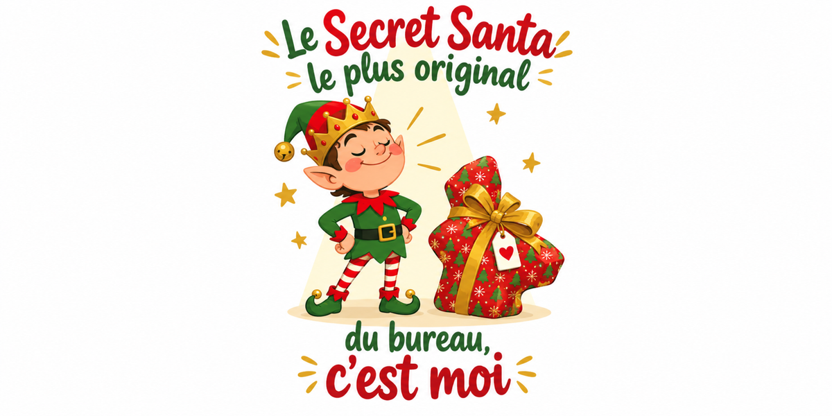 Visuel du mug Secret Santa « Le Secret Santa le plus original du bureau, c'est moi », illustration de Noël et lettrage rouge et vert