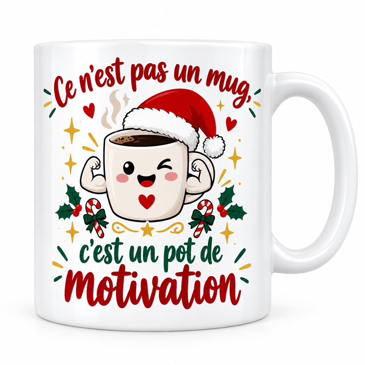 Mug blanc céramique Secret Santa « Ce n'est pas un mug, c'est un pot de motivation » : un mug de café souriant en bonnet de Père Noël fait un clin d'œil en montrant ses petits muscles, entouré de sucres d'orge et d'étoiles