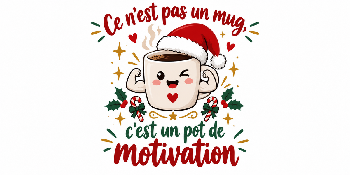 Visuel du mug Secret Santa « Ce n'est pas un mug, c'est un pot de motivation », illustration de Noël et lettrage rouge et vert