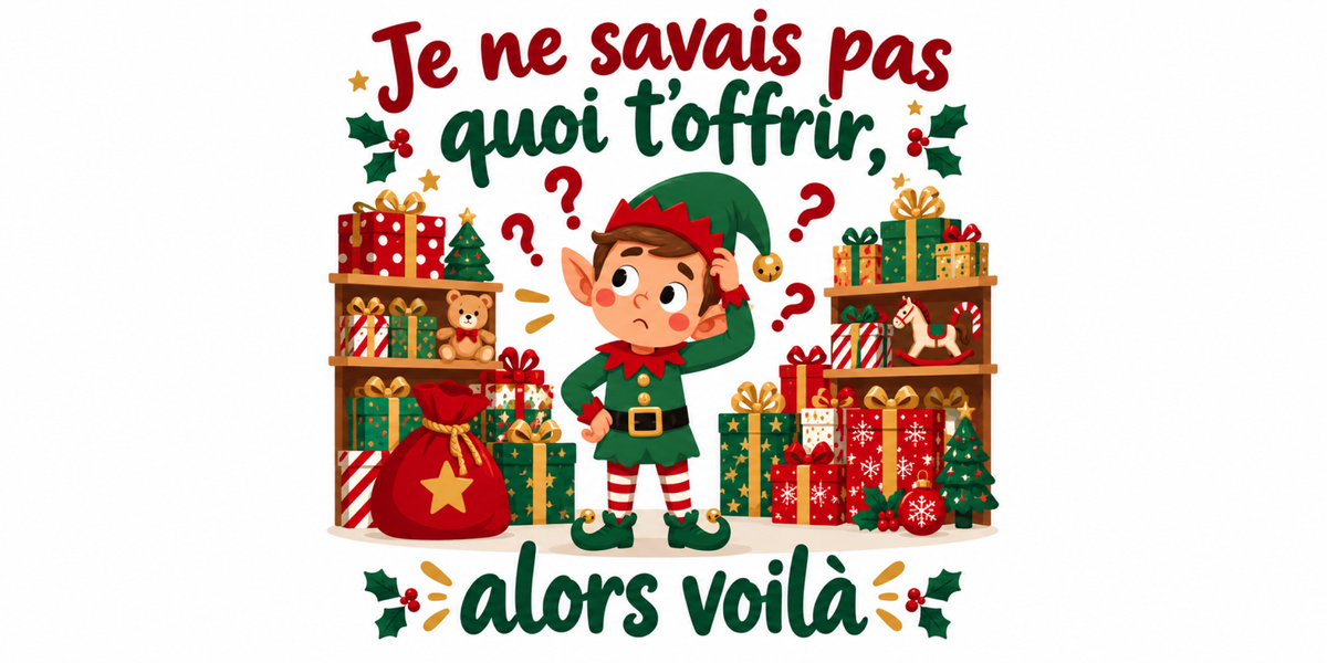 Visuel du mug Secret Santa « Je ne savais pas quoi t'offrir, alors voilà », illustration de Noël et lettrage rouge et vert