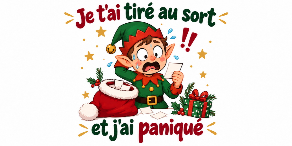 Visuel du mug Secret Santa « Je t'ai tiré au sort et j'ai paniqué », illustration de Noël et lettrage rouge et vert