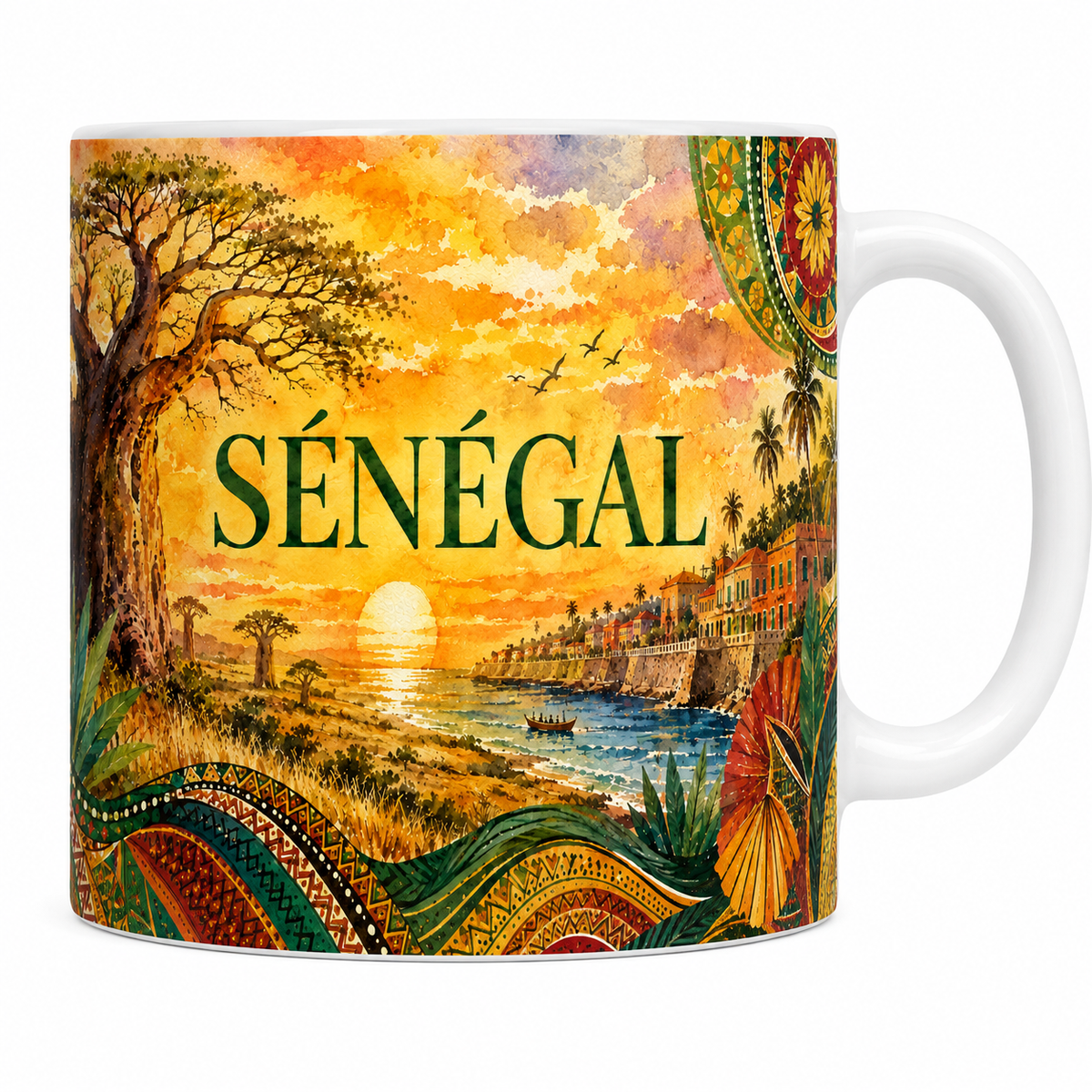 Mug céramique 330 ml Sénégal : baobabs au coucher de soleil, corniche colorée, pirogue et motifs wax en aquarelle