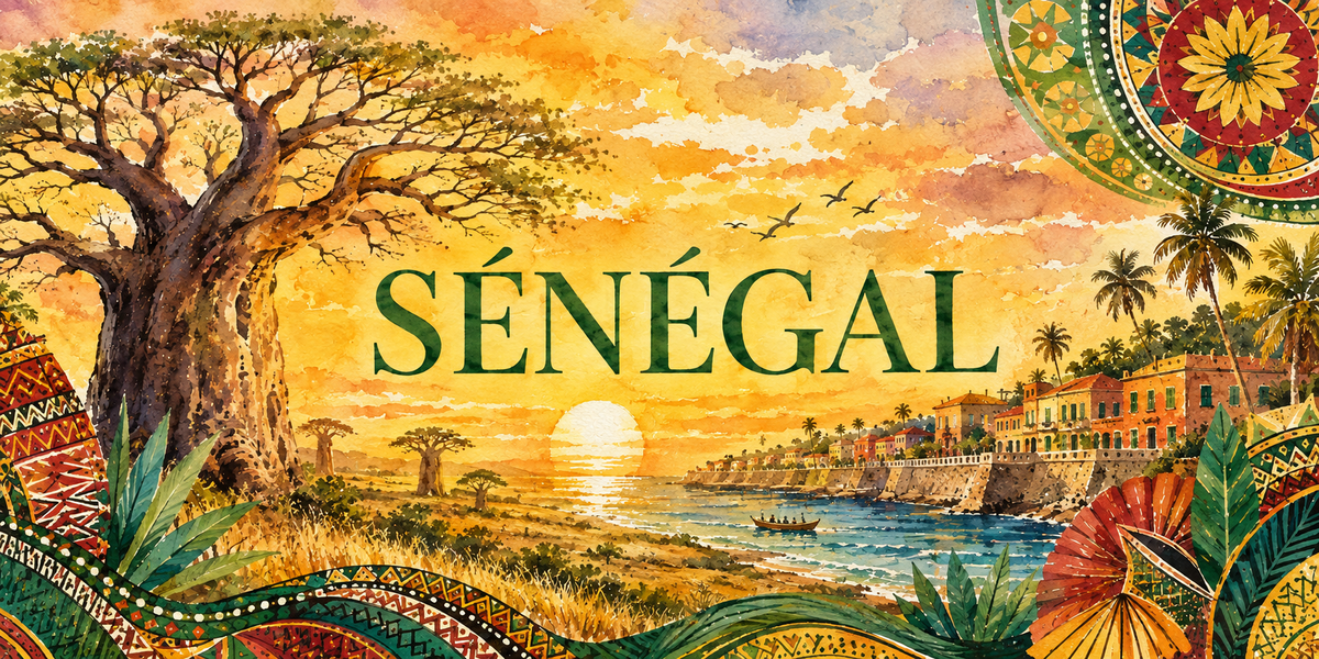 Visuel mug Sénégal : grand baobab, soleil couchant sur l'océan, maisons colorées de Gorée et rosaces wax en aquarelle