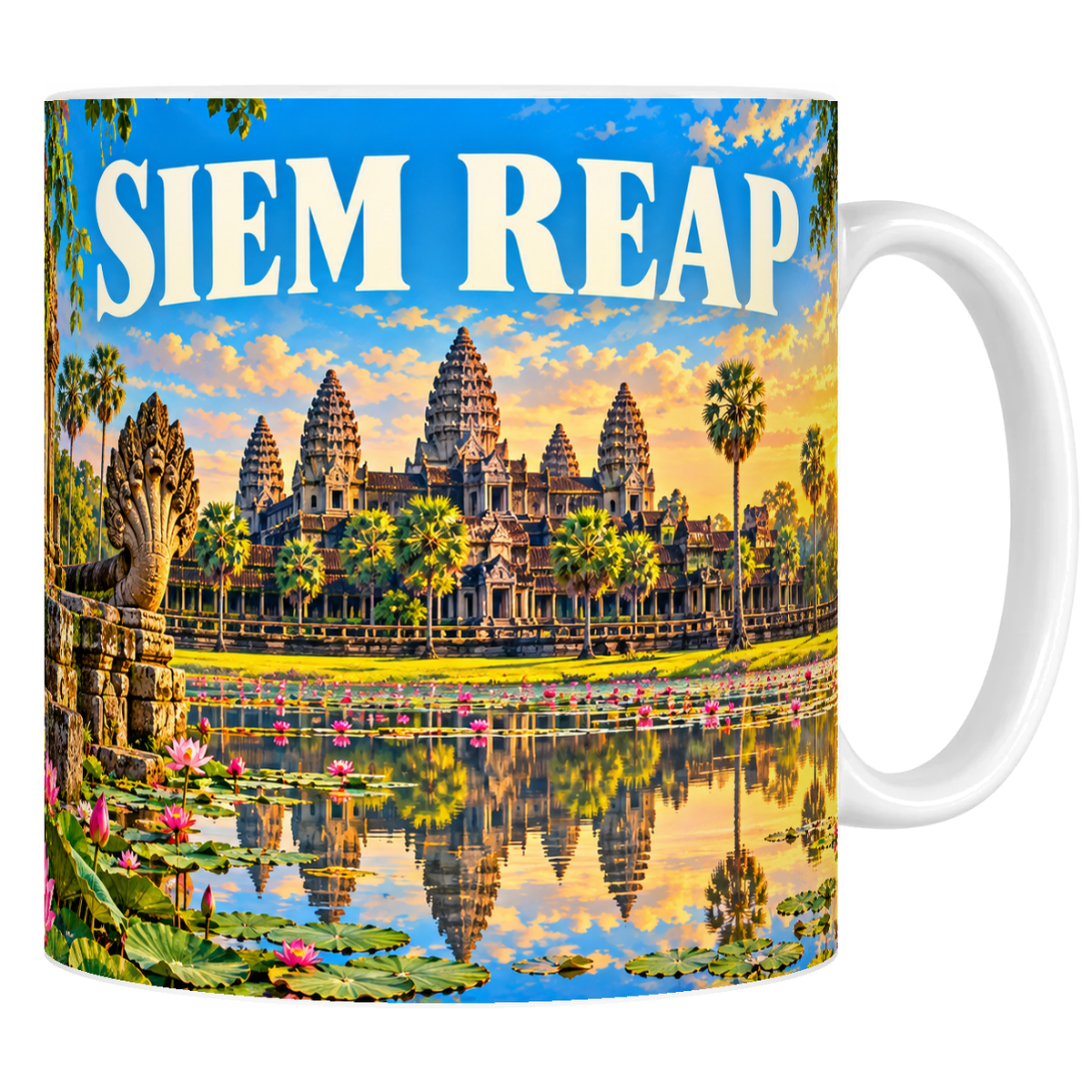Mug céramique 330 ml « SIEM REAP » : tours d'Angkor Vat, nāga sculpté et lotus