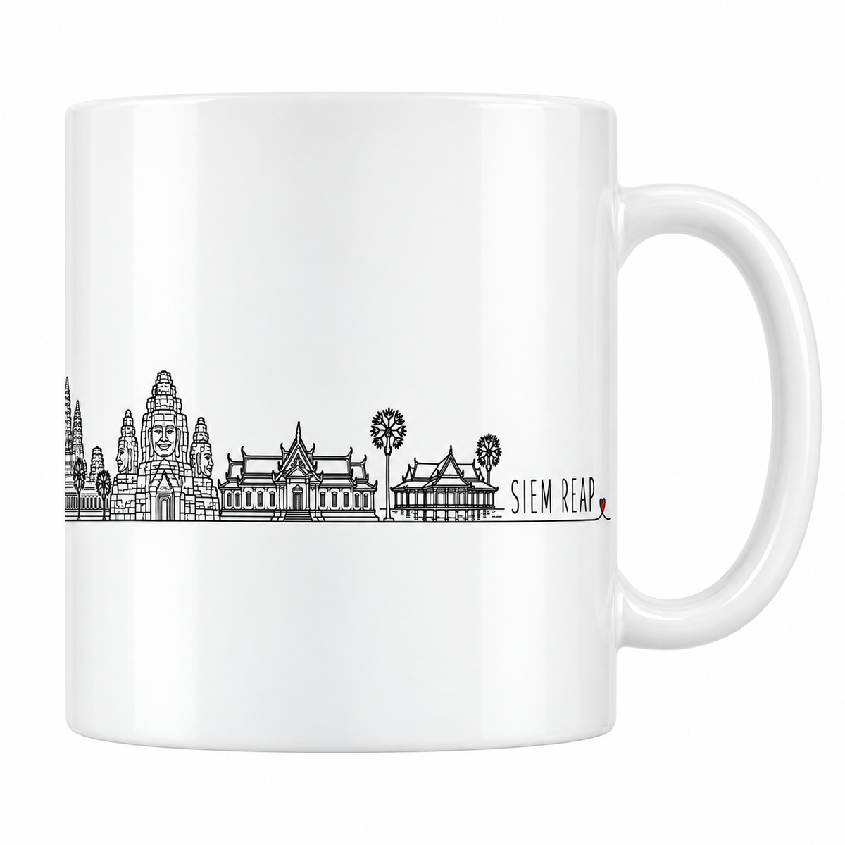 Mug blanc en céramique 330 ml illustré du skyline de Siem Reap au trait noir : Angkor Vat, les visages du Bayon et les palmiers à sucre