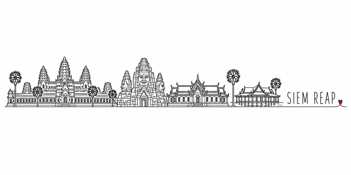 Skyline de Siem Reap dessiné au trait noir continu, de gauche à droite : Angkor Vat et ses tours en bouton de lotus, tour du Bayon et ses visages géants, deux pavillons khmers à toits étagés et palmiers à sucre — avec le nom SIEM REAP en capitales espacées et un petit cœur rouge