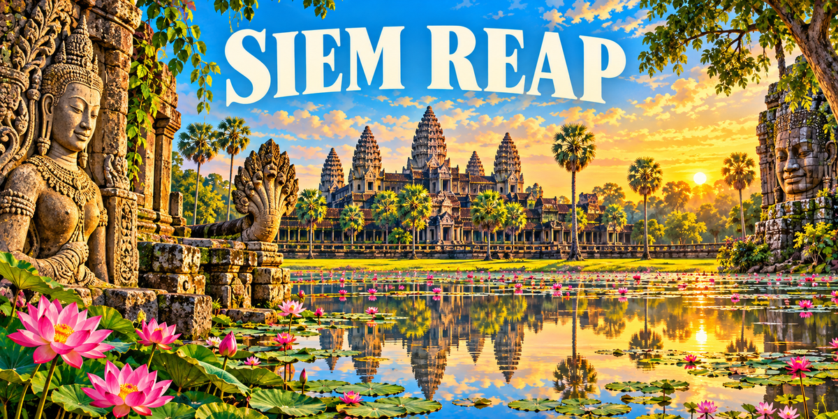 Visuel « SIEM REAP » : tours d'Angkor Vat reflétées dans le bassin, nāga sculpté, lotus et palmiers