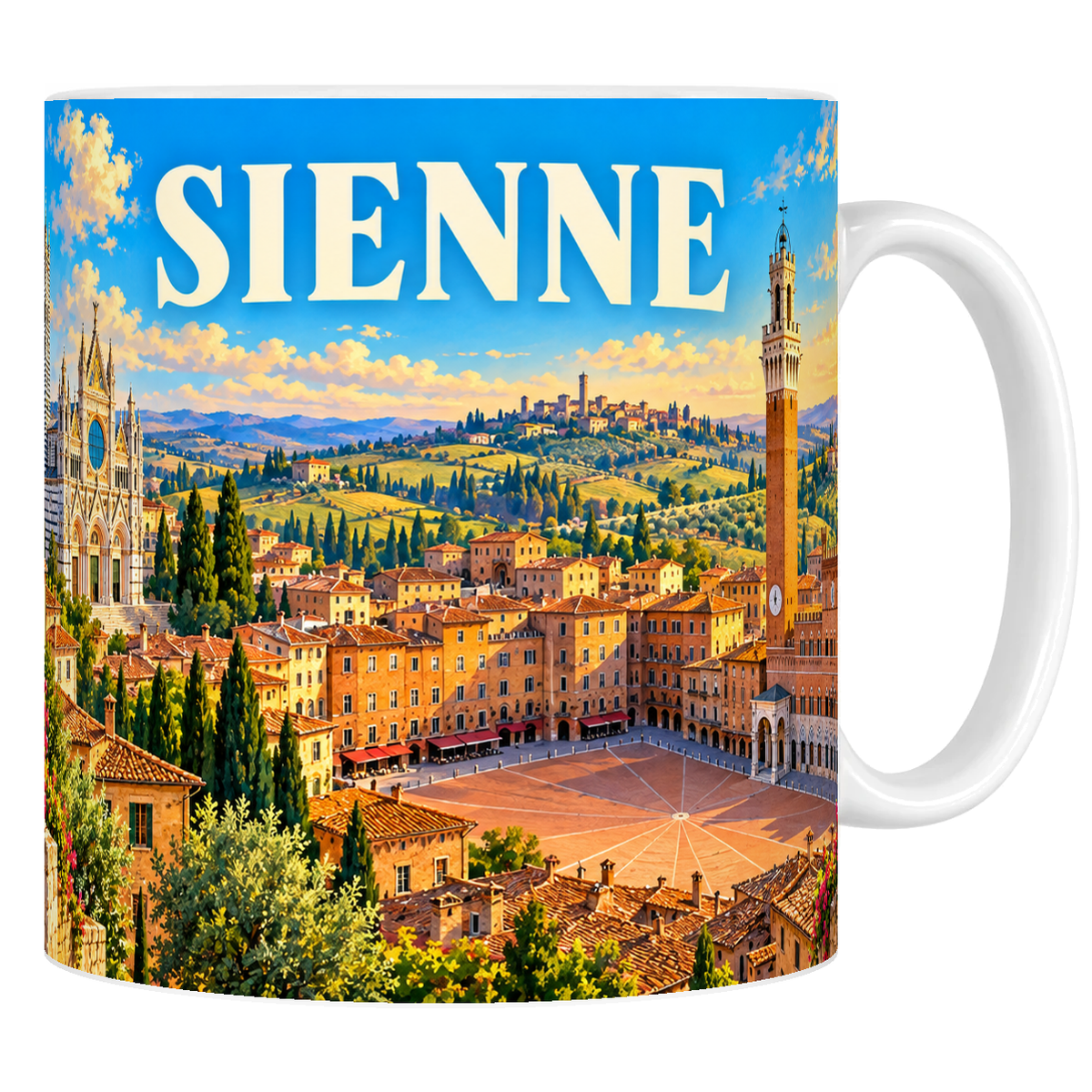 Mug en céramique blanche 330 ml illustré de la Piazza del Campo de Sienne et de sa cathédrale, style affiche vintage