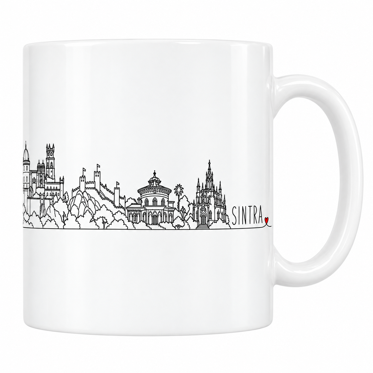 Mug blanc en céramique 330 ml illustré du skyline de Sintra au trait noir : palais de Pena, remparts du château des Maures, pavillon de Monserrate et pinacles du palais de la Regaleira
