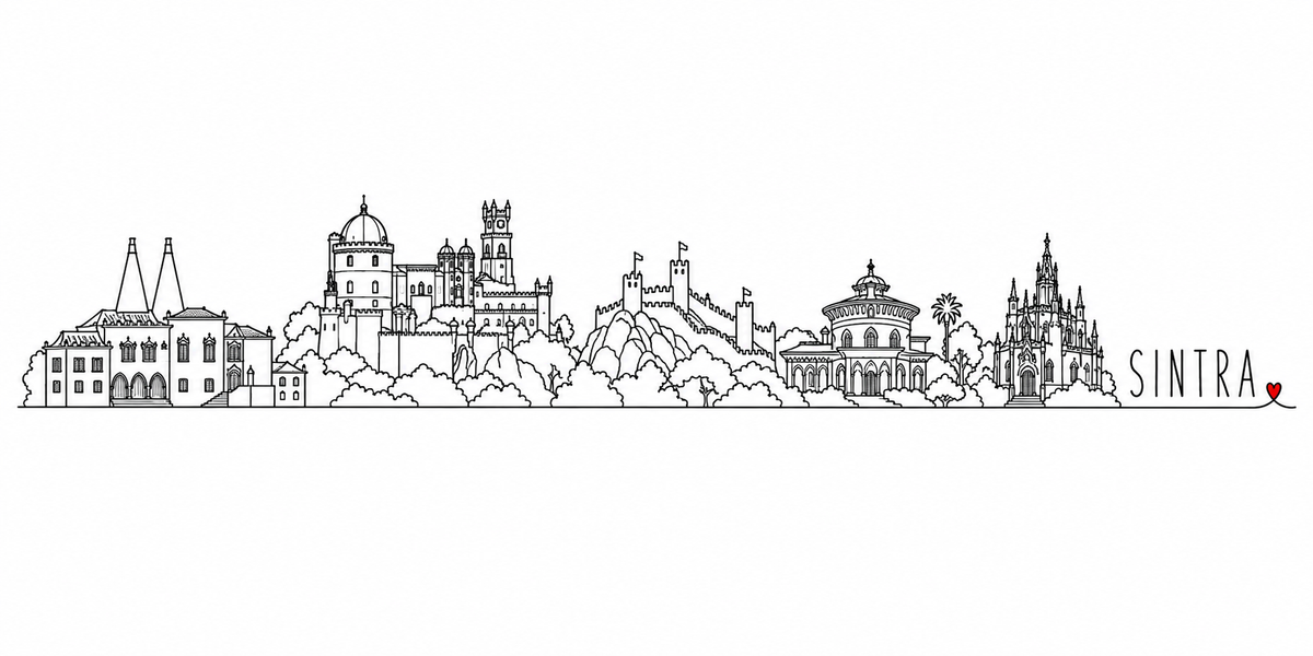 Skyline de Sintra dessiné au trait noir continu, de gauche à droite : le Palais National et ses deux cheminées coniques, une maison du village, les arbres, le palais de Pena sur son rocher avec sa coupole et sa tour-horloge, les remparts et les drapeaux du château des Maures sur la crête, le pavillon à coupole et arcades de Monserrate, un palmier et les pinacles du palais de la Regaleira — avec le nom SINTRA en capitales espacées et un petit cœur rouge