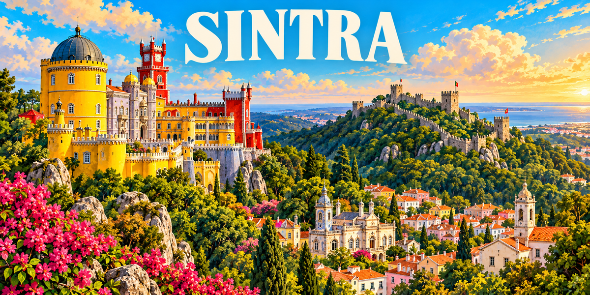 Illustration affiche vintage Sintra : palais de Pena jaune et rouge, Castelo dos Mouros sur la crête, village portugais et forêt de la serra