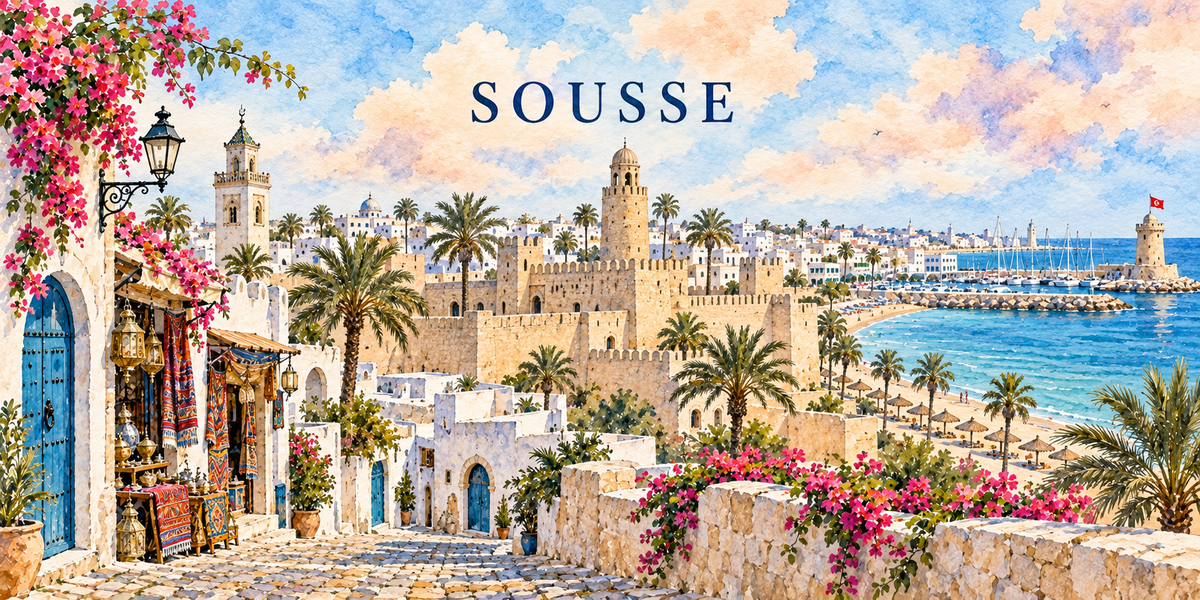 Illustration aquarelle de Sousse : la ruelle en escalier bordee de bougainvillees, la tour de guet du ribat, les remparts ocre de la medina et les bateaux blancs du port.