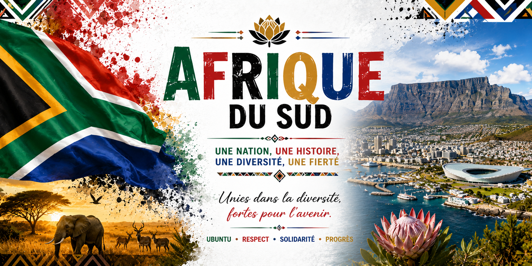 Visuel Afrique du Sud : Table Mountain, port du Cap, protée, savane et devise Ubuntu Respect Progrès