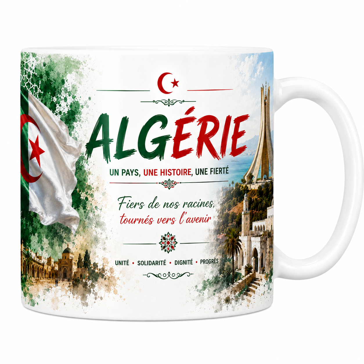 Mug souvenir Algérie en céramique blanche, drapeau, Maqam Echahid et casbah d'Alger imprimés