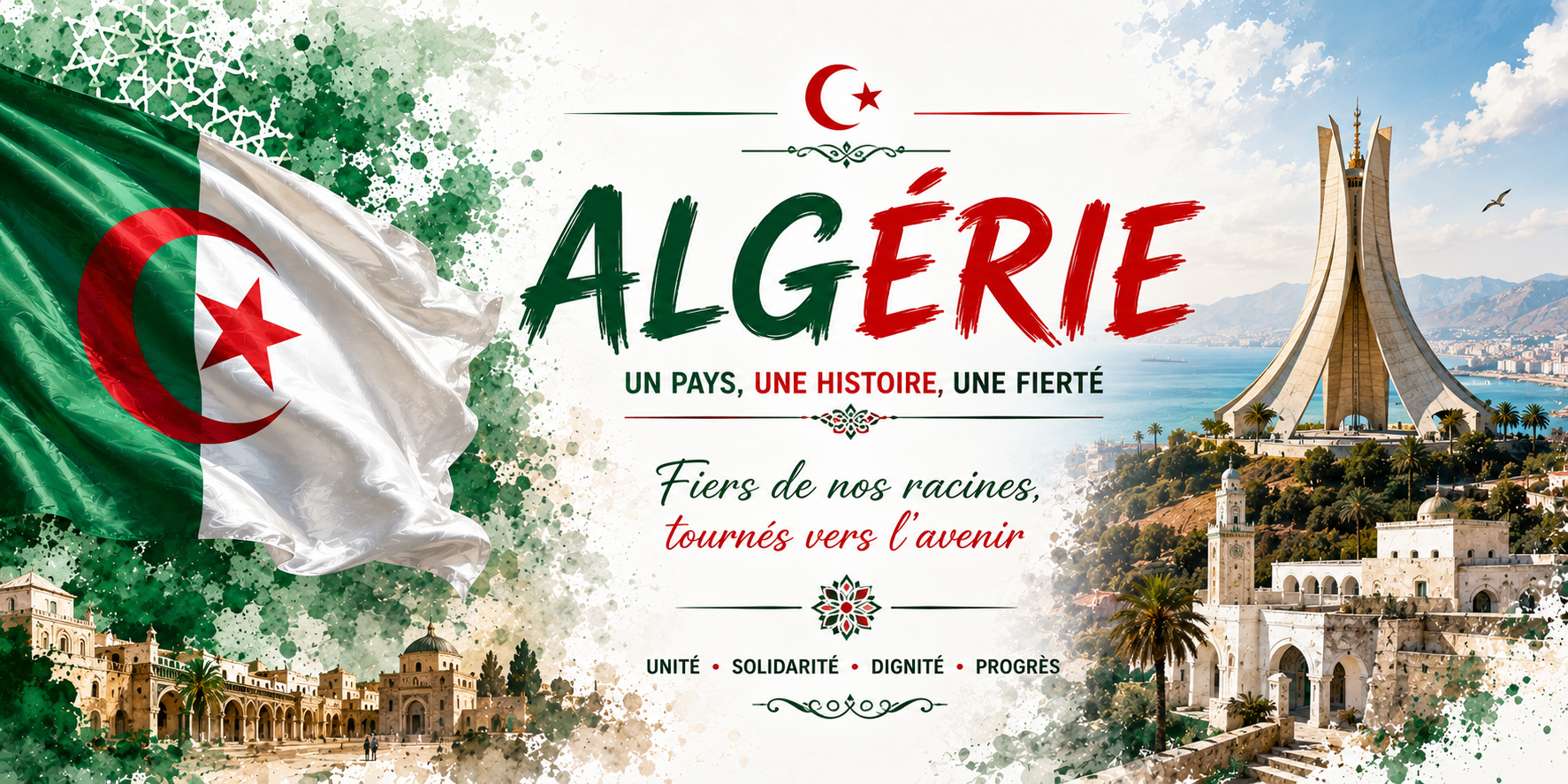 Visuel Algérie : Maqam Echahid au-dessus de la baie d'Alger, casbah, arcades et Fiers de nos racines