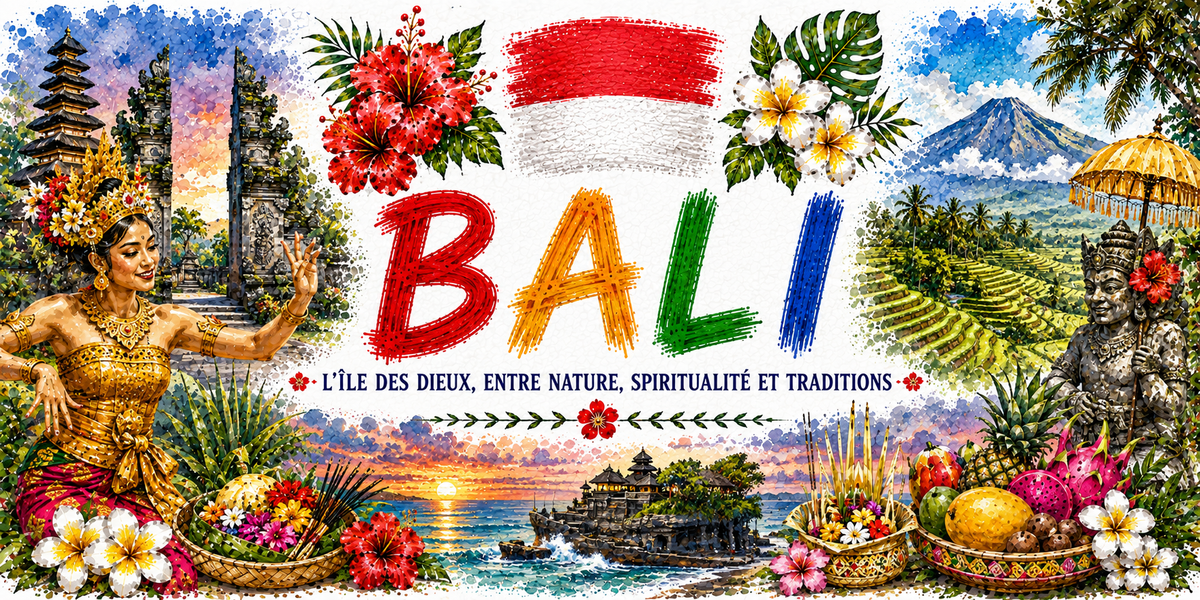 Visuel Bali « l'île des dieux, entre nature, spiritualité et traditions » : temple, volcan, offrandes de fruits