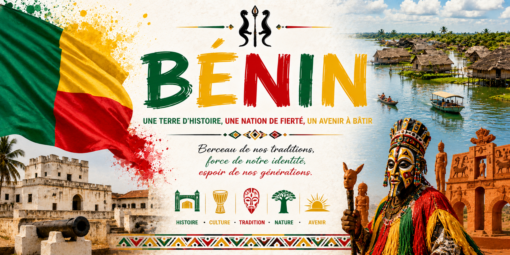 Visuel Bénin : fort de Ouidah, cité lacustre de Ganvié, bas-reliefs d'Abomey et costume Egungun