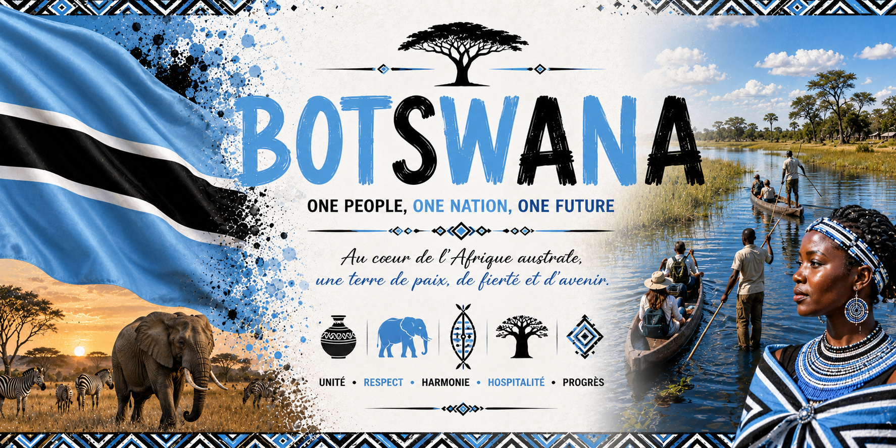 Visuel Botswana : éléphant et zèbres au couchant, pirogues mokoro de l'Okavango, One people one nation