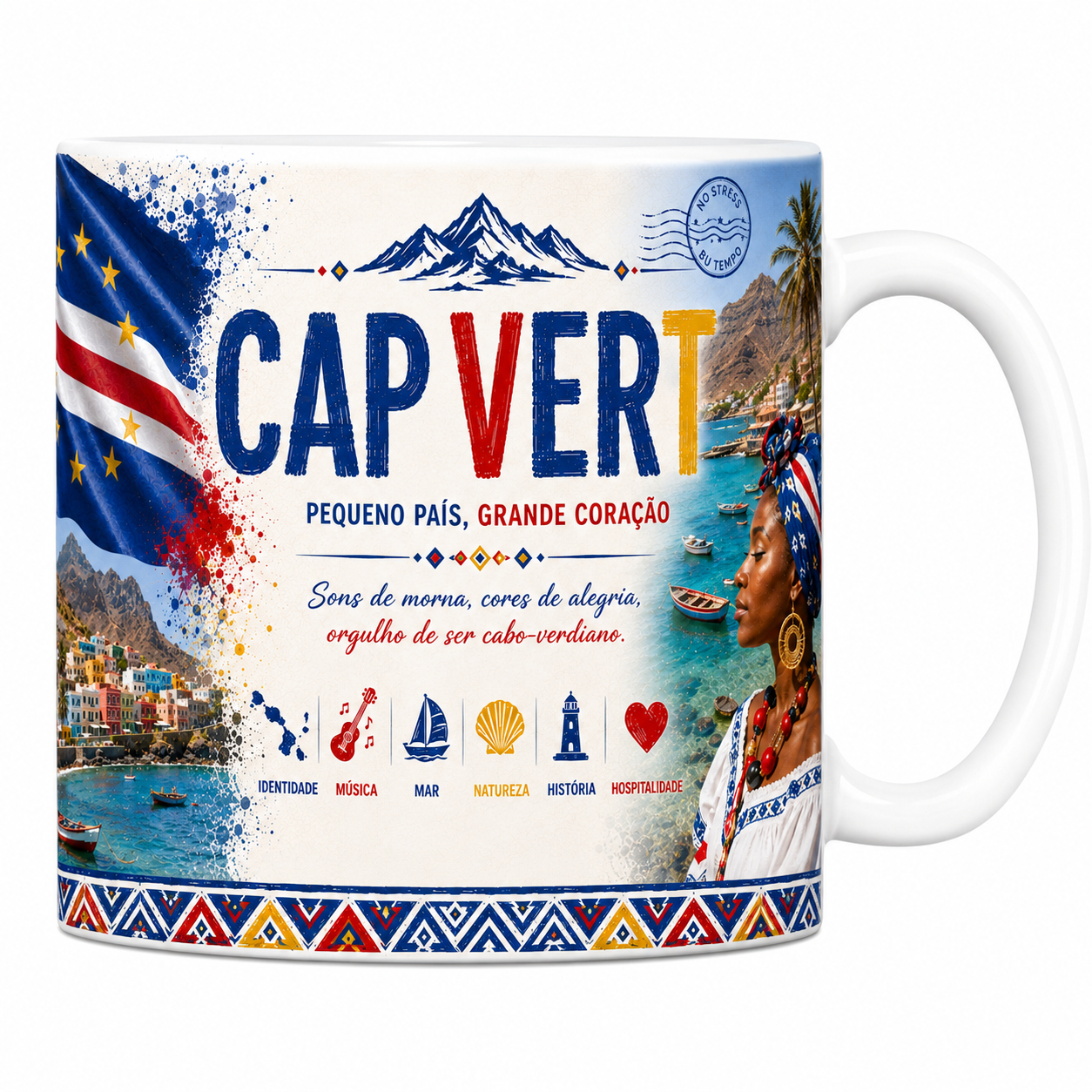 Mug souvenir Cap-Vert en céramique blanche, drapeau, maisons colorées de Mindelo et mer turquoise