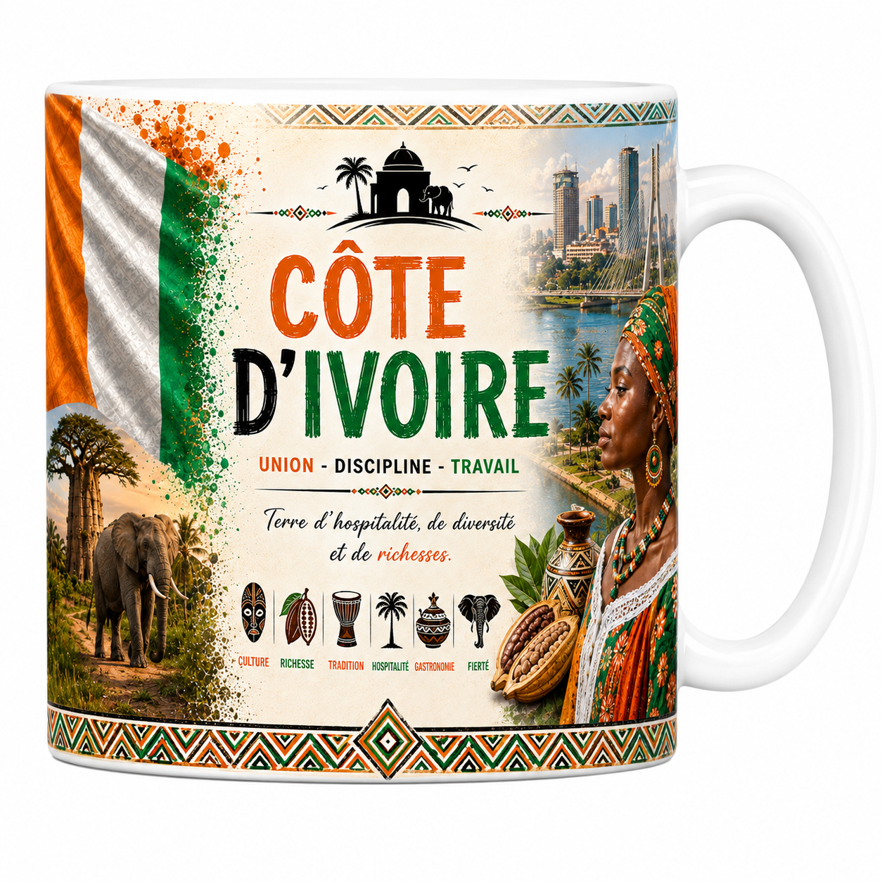Mug souvenir Côte d'Ivoire en céramique blanche, drapeau, éléphant et pont d'Abidjan imprimés