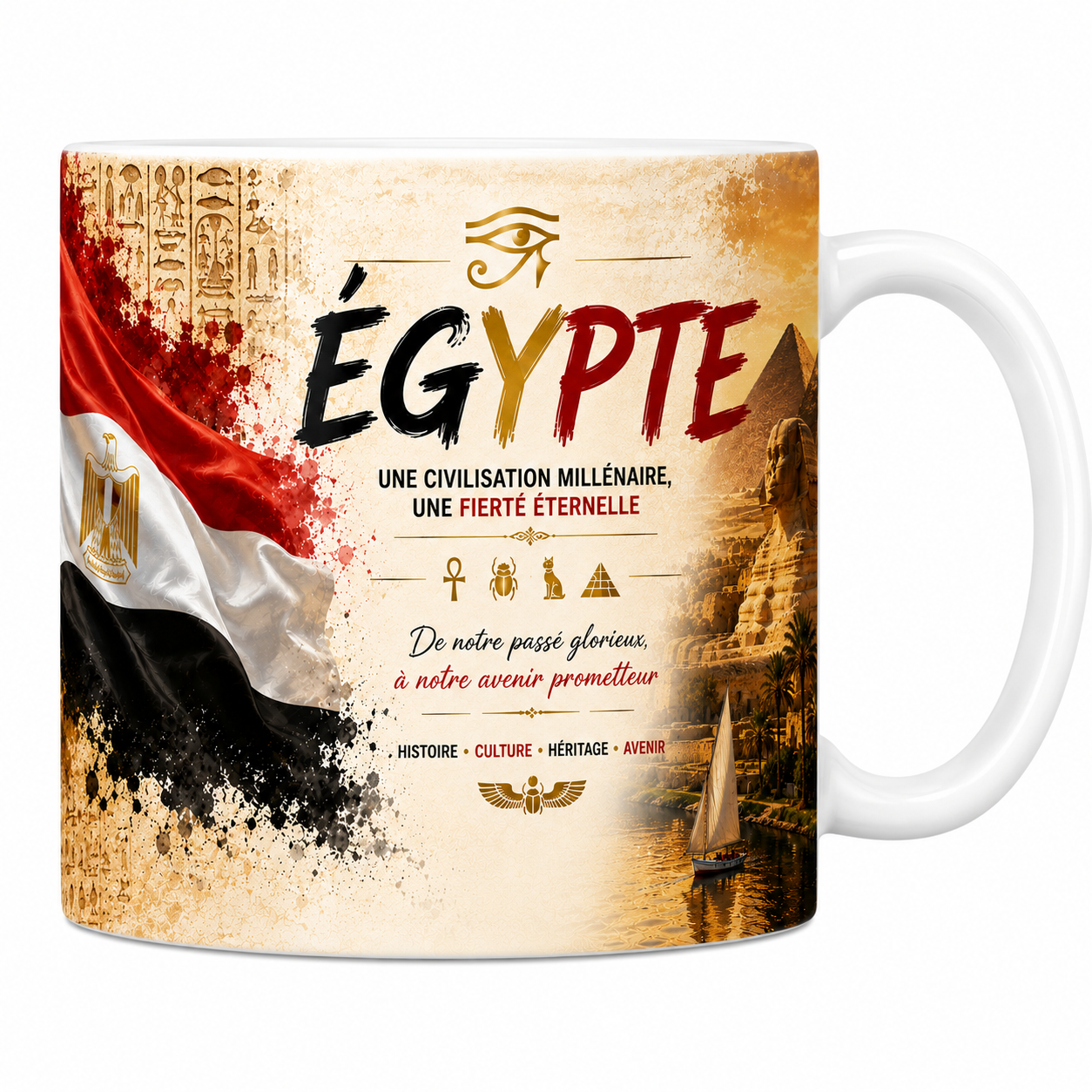 Mug souvenir Égypte en céramique blanche, drapeau, pyramides de Gizeh et Sphinx imprimés