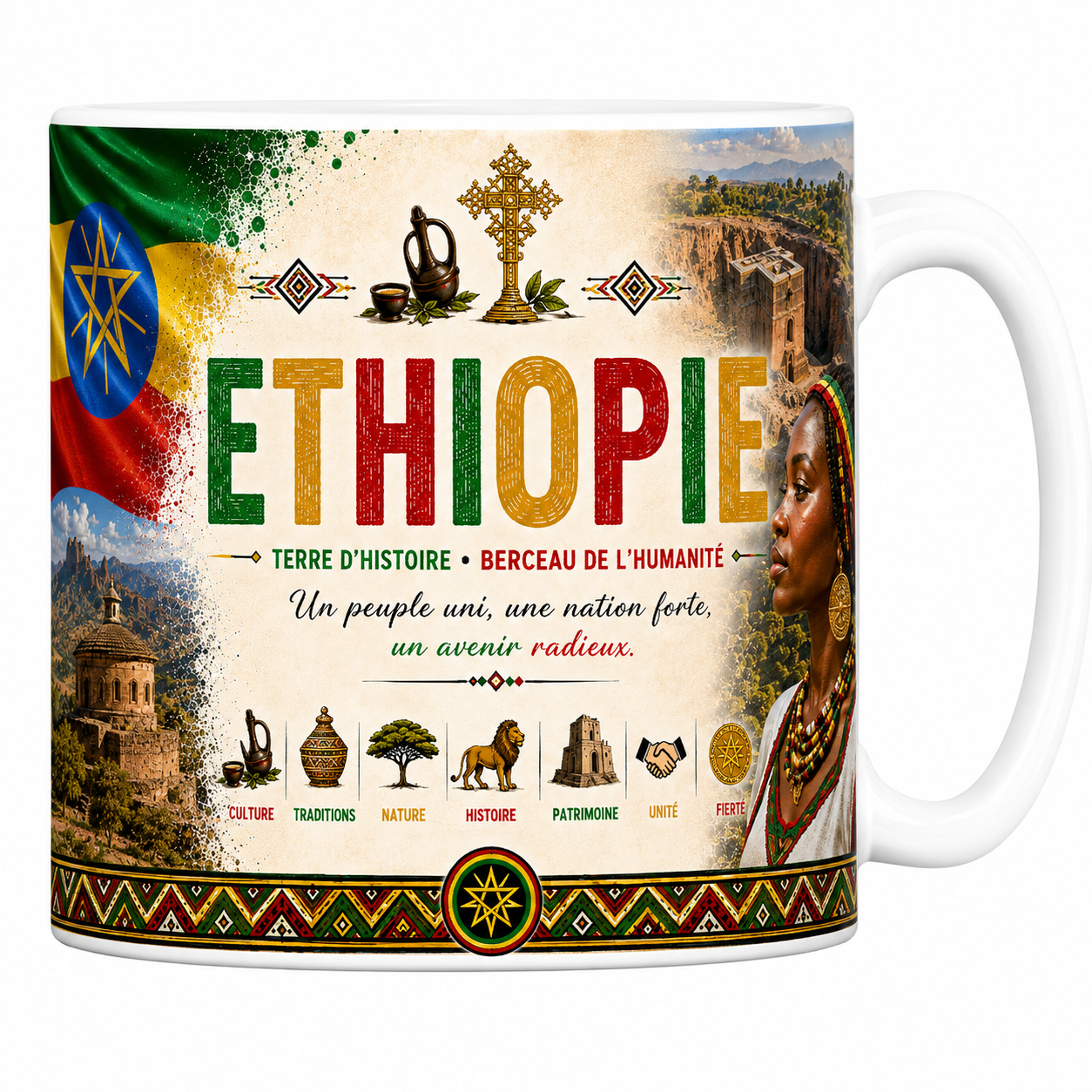 Mug souvenir Éthiopie en céramique blanche, drapeau, église de Lalibela et femme en tenue traditionnelle