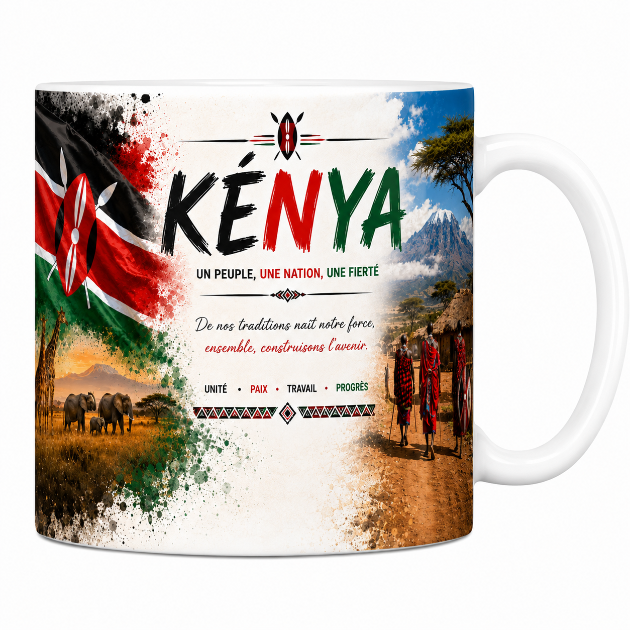 Mug souvenir Kénya en céramique blanche, drapeau kényan, guerriers Maasaï et savane imprimés