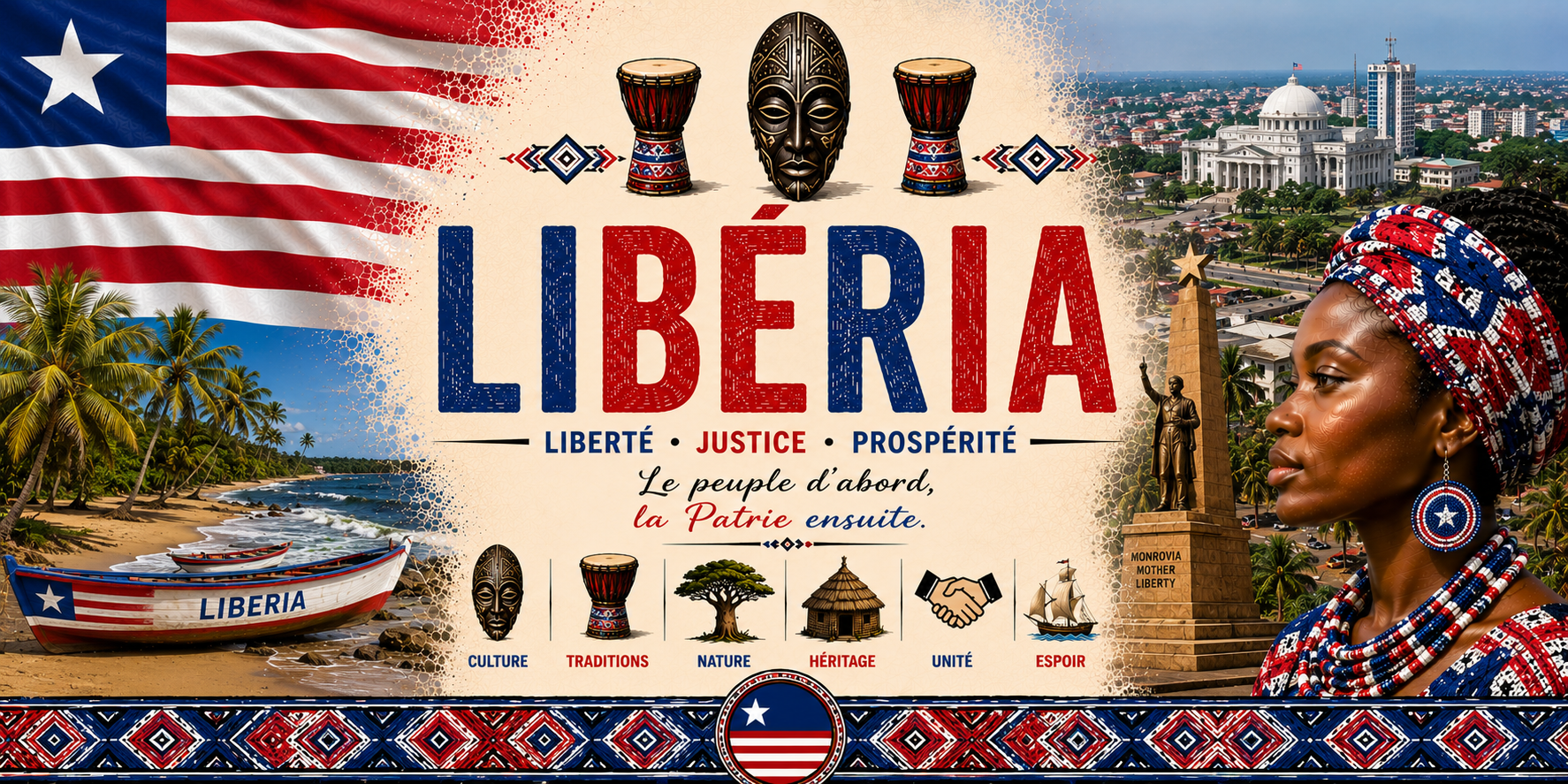 Visuel Libéria : plage, Capitole de Monrovia, monument, tambours et Liberté Justice Prospérité