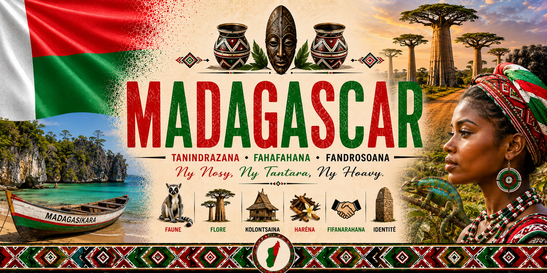 Visuel Madagascar : allée des baobabs, lémurien, caméléon, vanille et devise Tanindrazana Fahafahana Fandrosoana