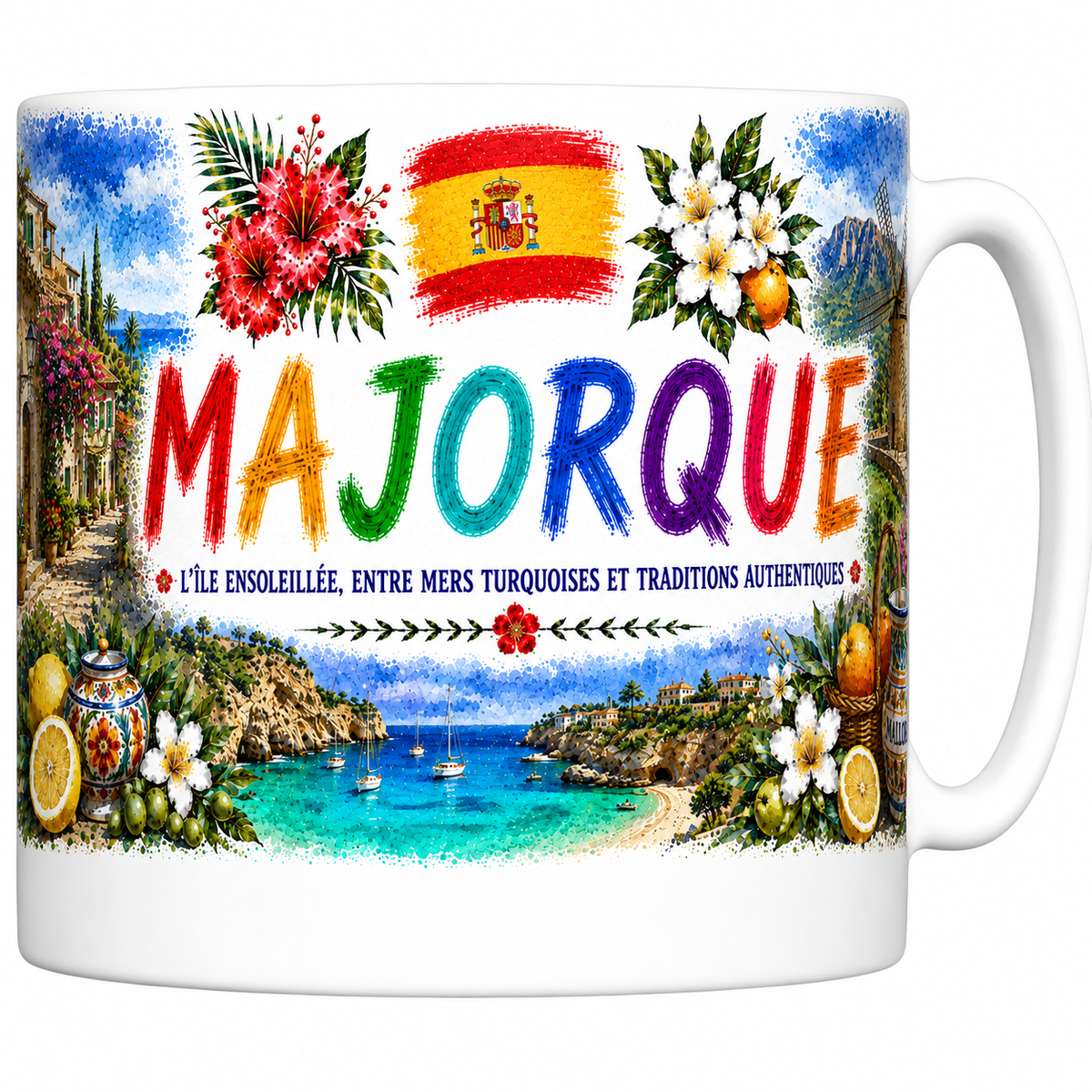 Mug céramique 330 ml souvenir Majorque : drapeau espagnol, calanque turquoise, moulin et citrons