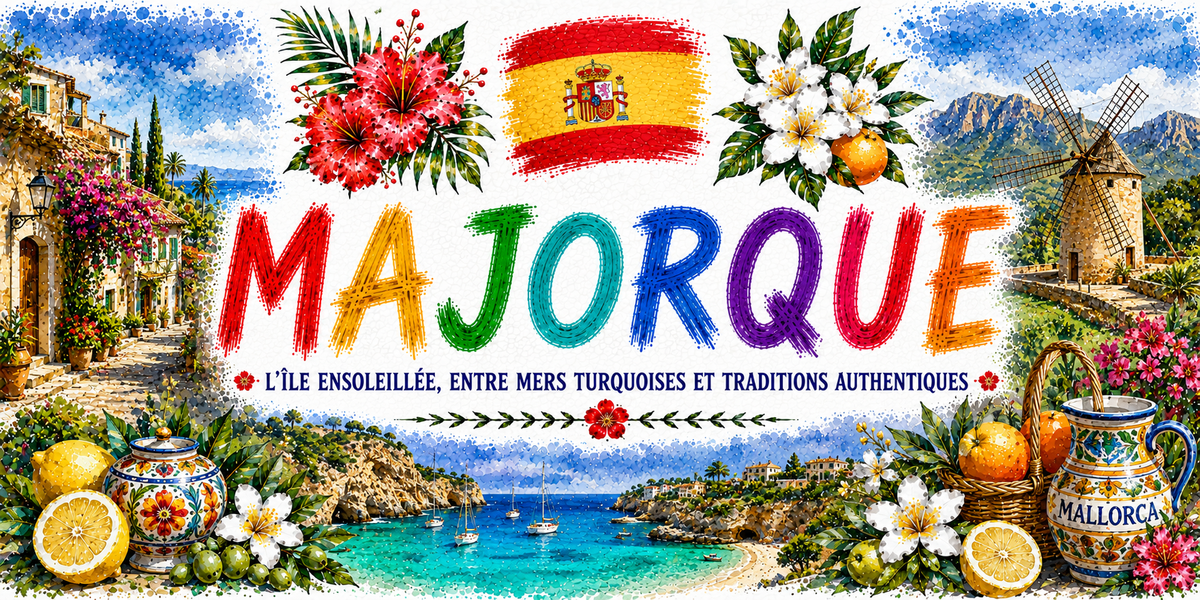 Visuel Majorque « l'île ensoleillée, entre mers turquoises et traditions » : moulin, cala, poterie, citrons