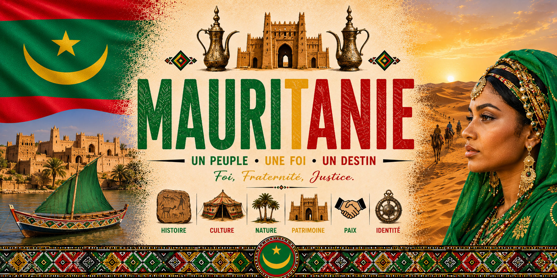 Visuel Mauritanie : ksar ancien, barque sur le fleuve, dunes au couchant, théières et femme en voile vert