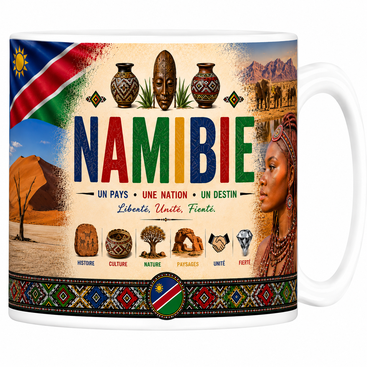 Mug souvenir Namibie en céramique blanche, drapeau, dune rouge et arbre mort de Deadvlei