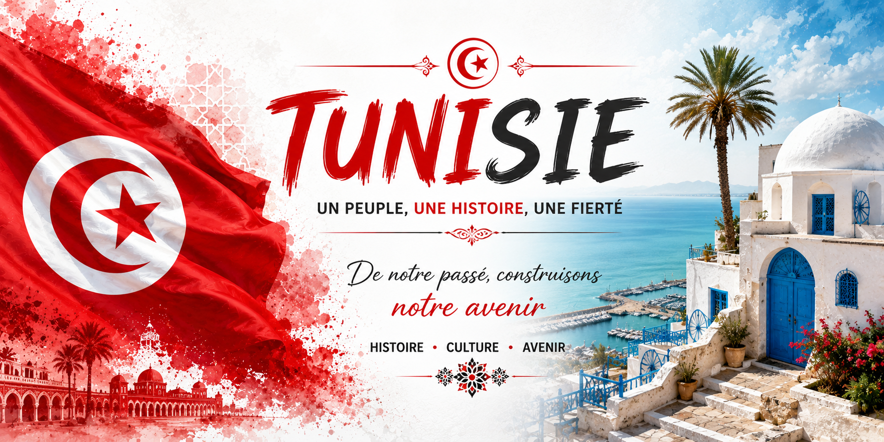 Visuel Tunisie : Sidi Bou Saïd, portes bleues, coupole, marina et De notre passé construisons notre avenir