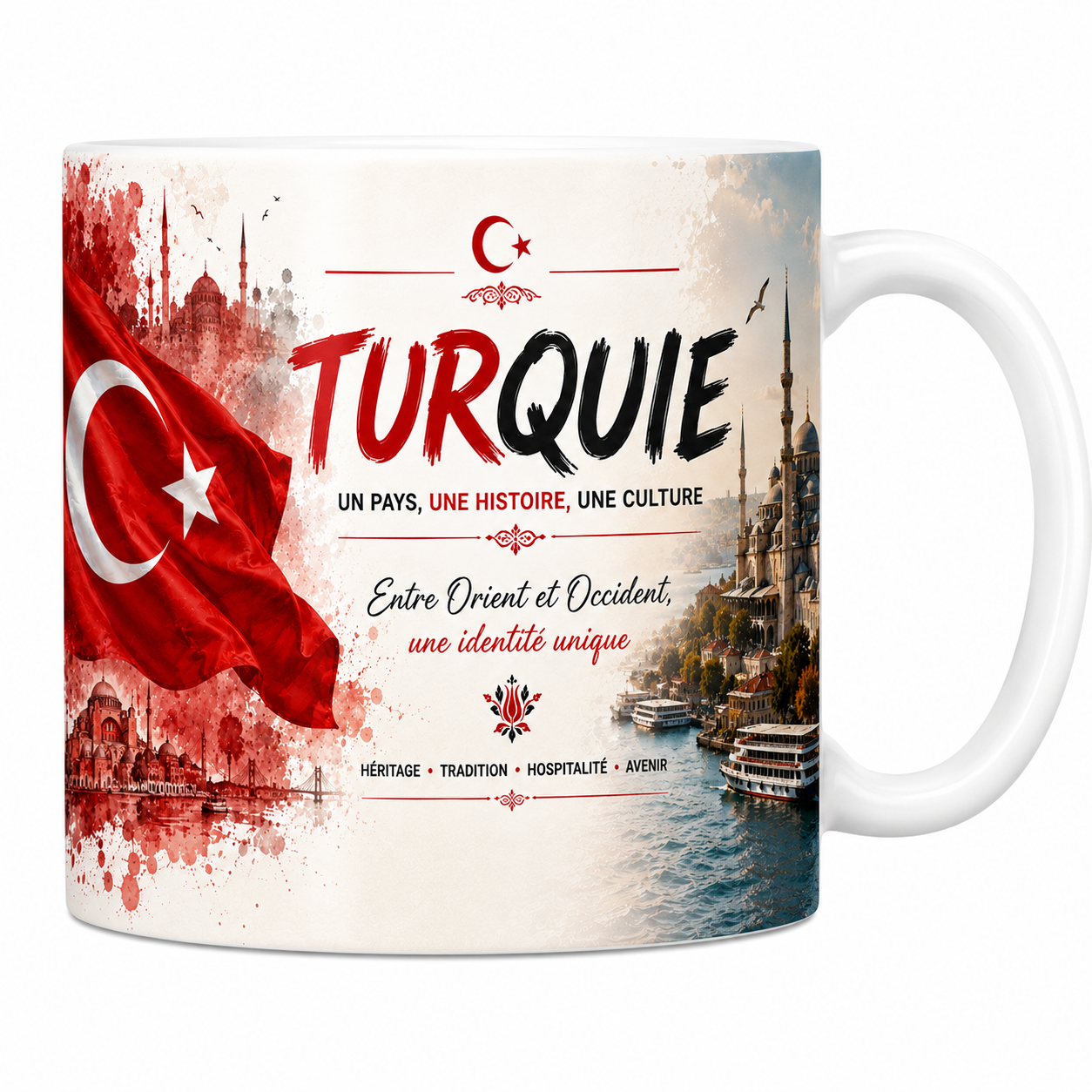 Mug souvenir Turquie en céramique blanche, drapeau, Mosquée bleue et Bosphore imprimés